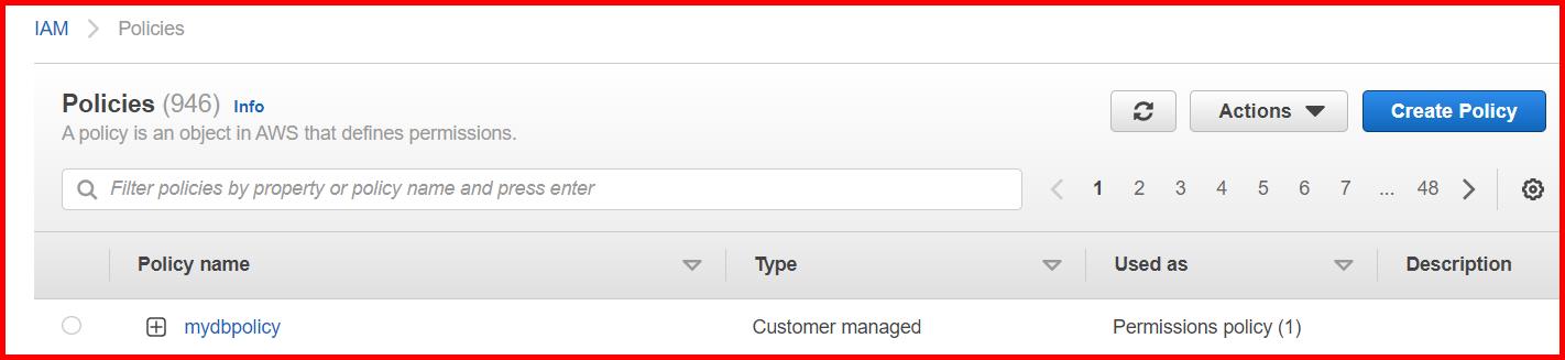 Picture showing the policy created in AWS console